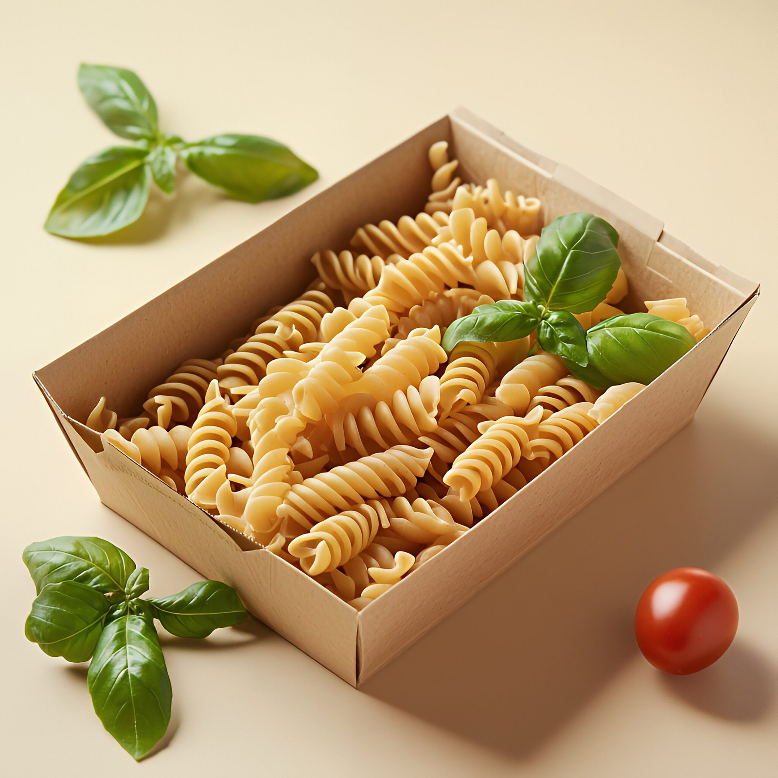 A cardboard container filled with cooked pasta, a cherry tomato, and basil leaves
